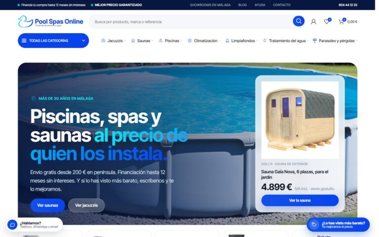 Portada de la web de Pool Spas Online